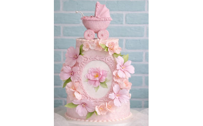 Pink Baby Carriage Baby Shower Cake